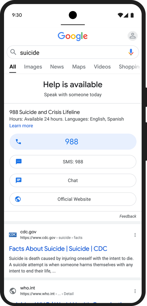 Google搜索现在在美国提供更完善的自杀预防信息