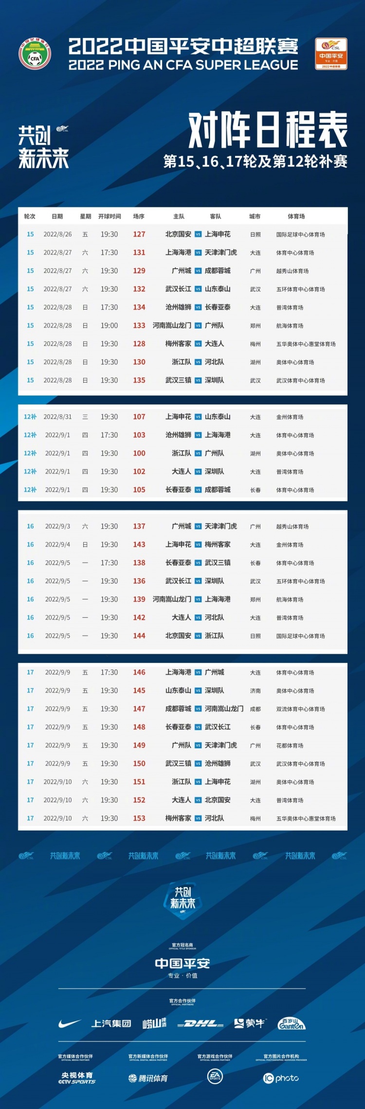 中超第五階段賽程（中超官方調(diào)整第16輪、17輪賽程，深足與泰山比賽主客場對調(diào)）