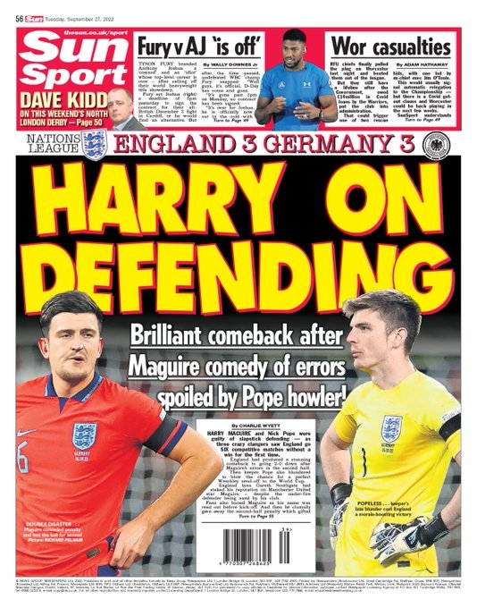 太阳报头版聚焦英格兰3-3德国：马奎尔的防守表现很滑稽