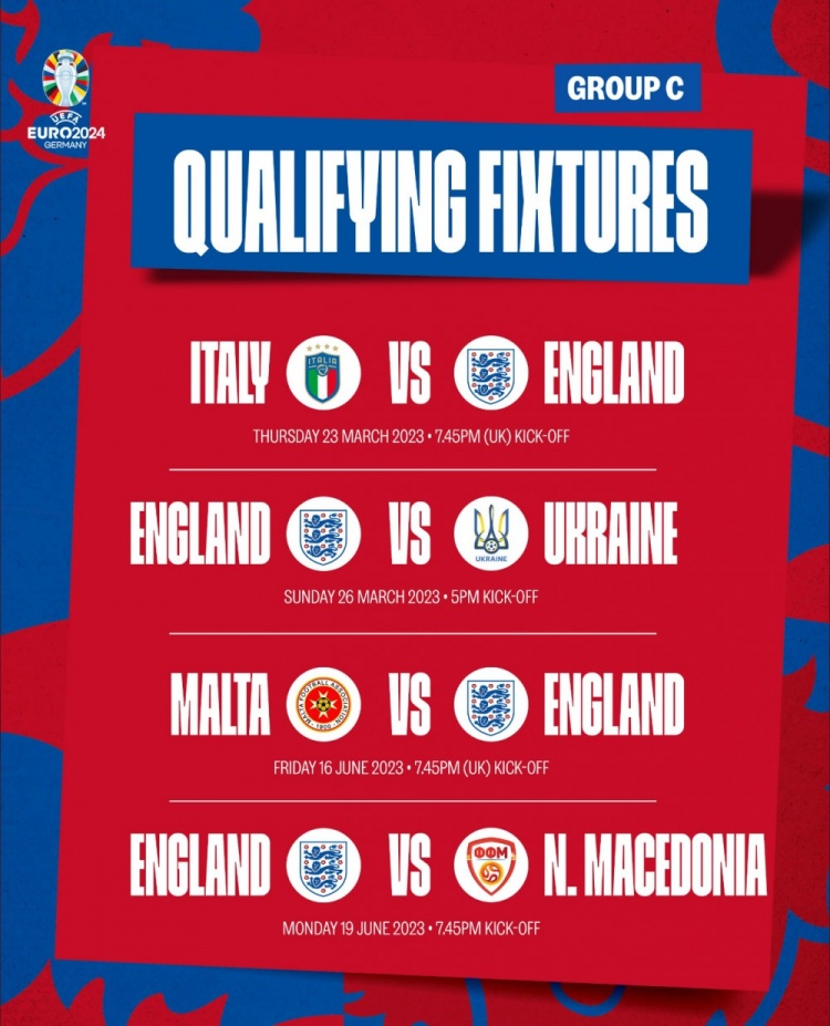 英格兰欧洲杯预选赛赛程：明年3月23日、10月17日对阵意大利