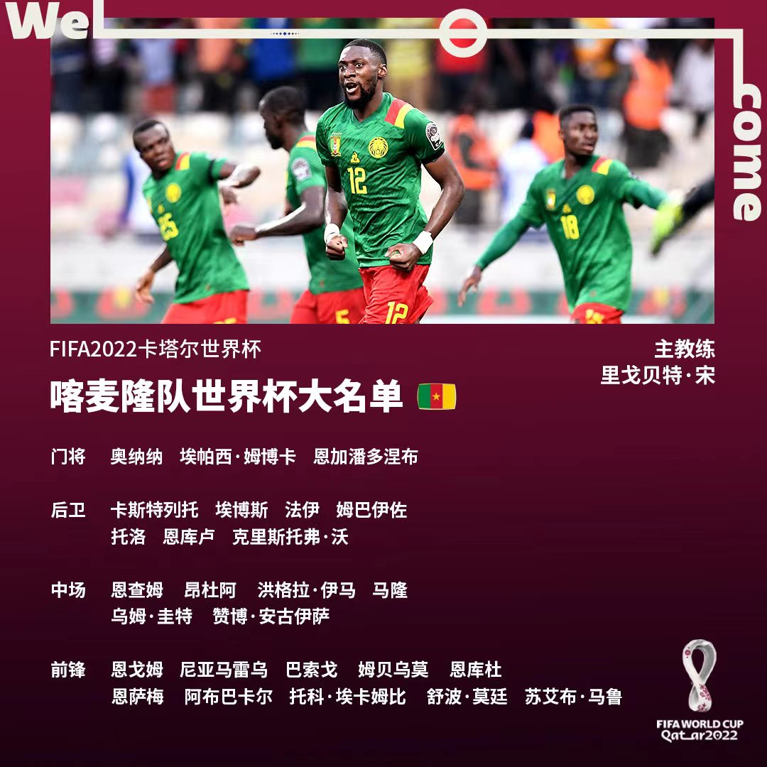喀麦隆国家队公布世界杯26人参赛名单