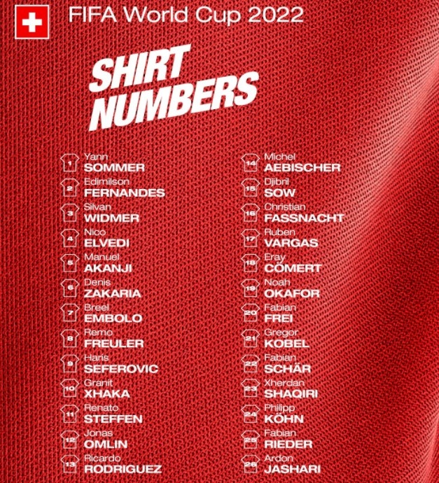 瑞士国家队(瑞士国家队球衣号码分配：索默1号 阿坎吉5号 扎卡10号)