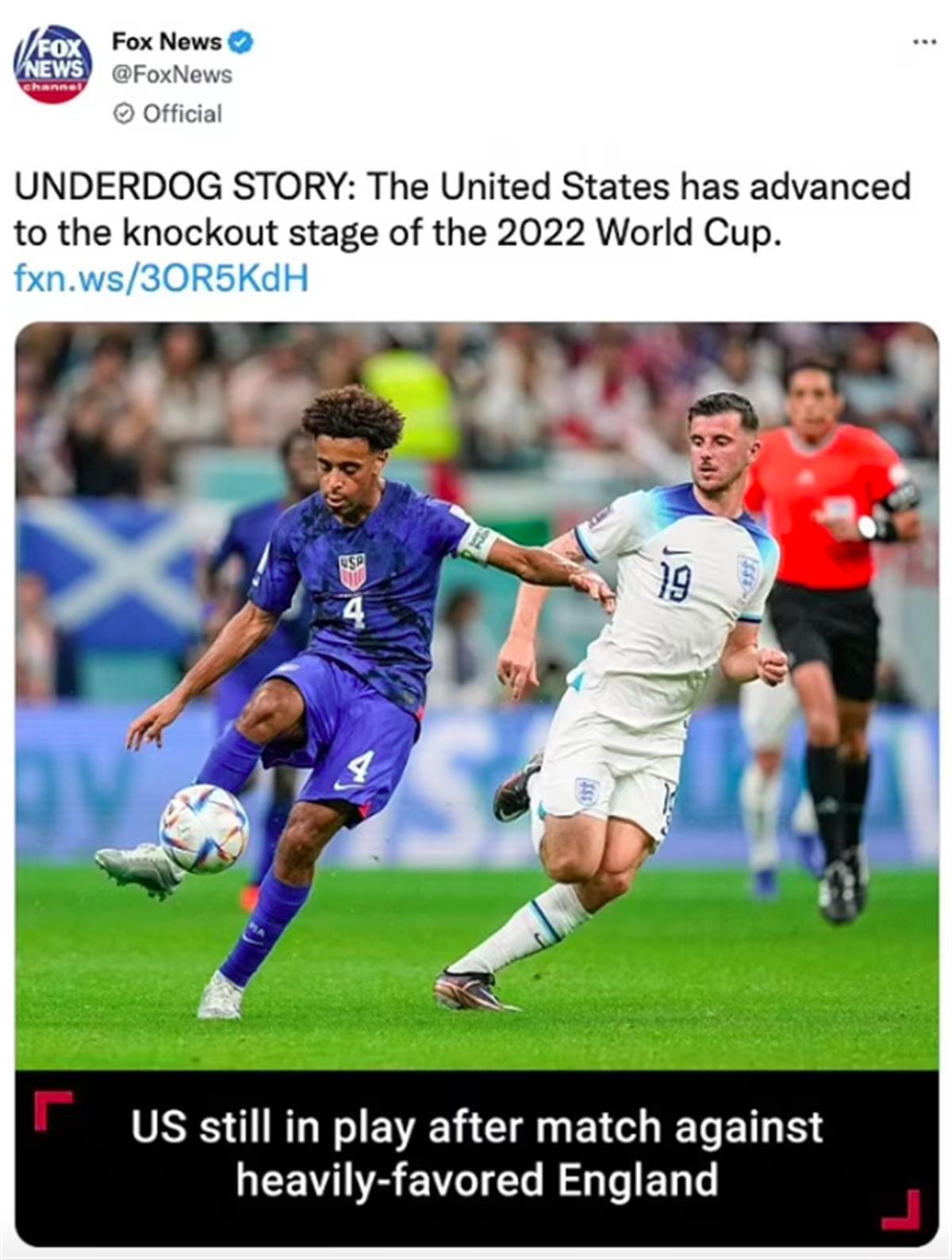 美国战平英格兰后福克斯新闻错发推文，称美国队已晋级世界杯淘汰赛