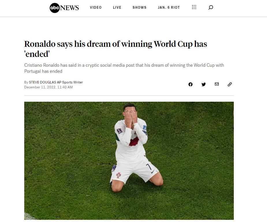含泪止步八强，C罗发文：为葡萄牙赢得世界杯冠军的梦想结束了
