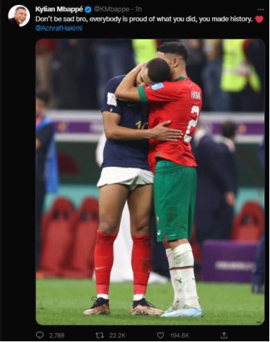 法国2:0击败摩洛哥，姆巴佩安慰俱乐部队友阿什拉夫：你们创造了历史