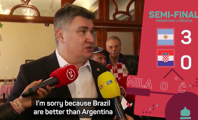 克罗地亚总统：巴西比阿根廷出色，阿根廷得到了三个虚构的点球