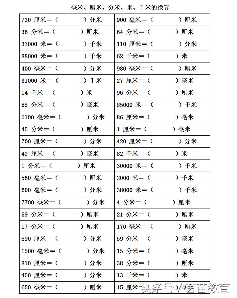 1米等于多少mm毫米，长度单位的换算专项练习