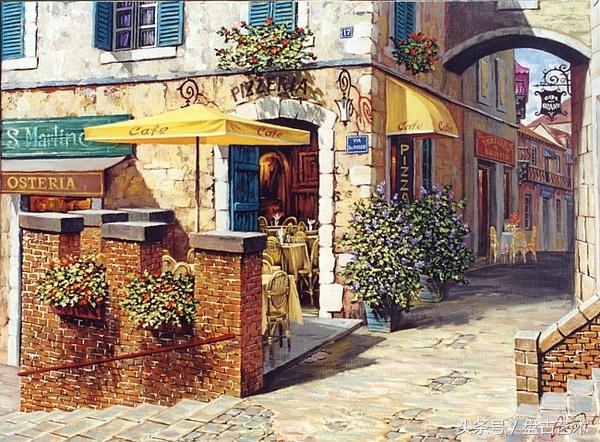 手绘唯美小镇街景油画图片   时光深处的宁静，油画小镇简笔画（手绘法国巴黎街景油画“巴黎归来不看街”“黄山归来不看山”美誉）