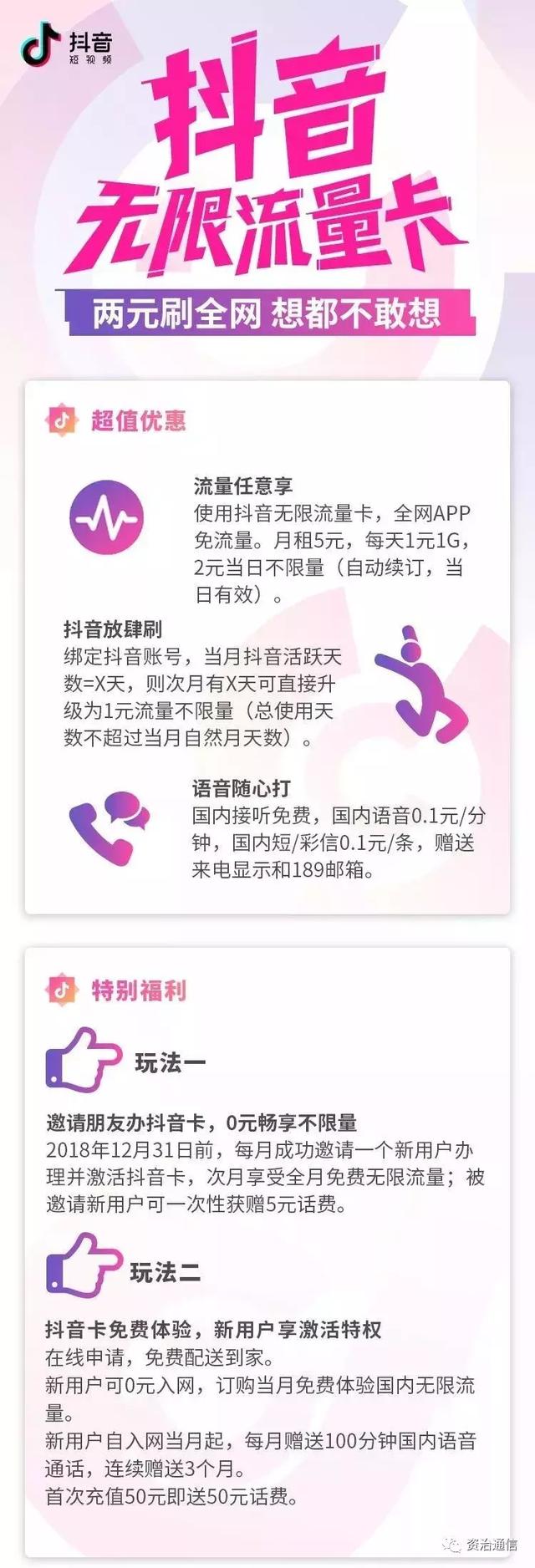 中国电信联合抖音推出无限流量卡，每天2元刷全网！
