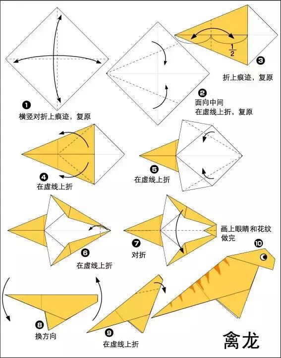 手工折纸小恐龙DIY教程，简单手工折纸恐龙教程（每个孩子都喜欢的恐龙）
