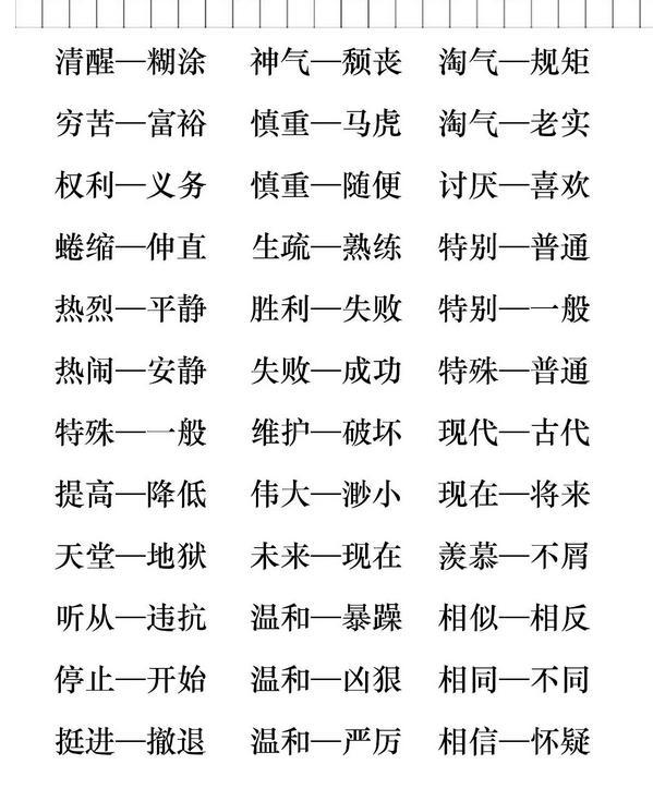 两个字的反义词，含反义词的词语两个字的10个