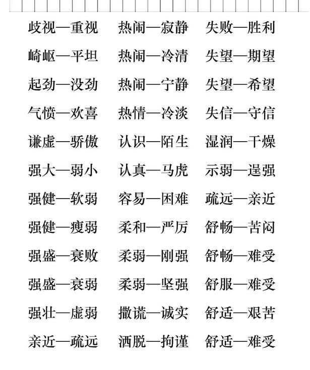 两个字的反义词，含反义词的词语两个字的10个