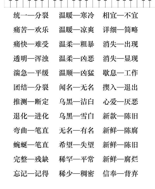 两个字的反义词，含反义词的词语两个字的10个