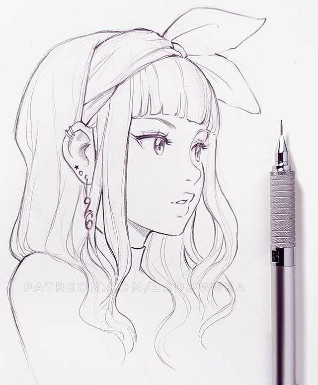 动漫人物画 女生(一组精致的动漫少女手绘线稿)