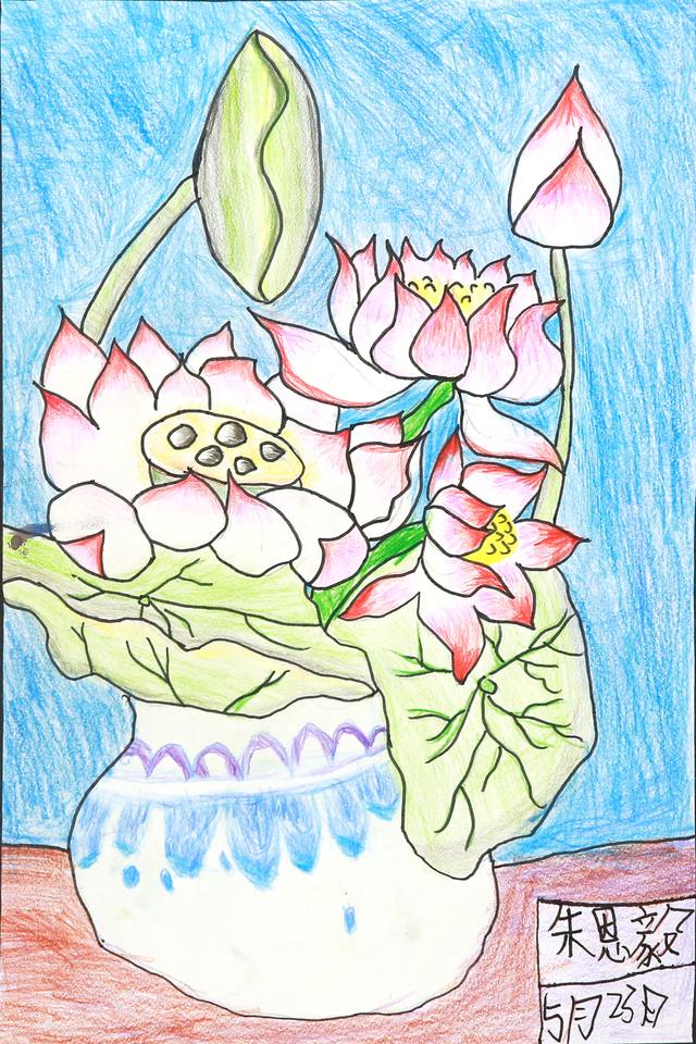荷花池简笔画，荷花池简笔画手绘（美丽云浮——2020年云浮市庆祝六一儿童节少儿书画作品展）