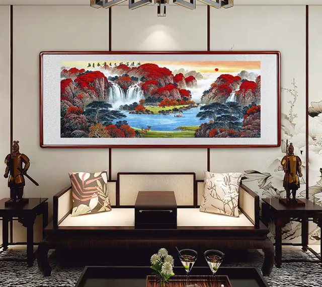 鸿运当头画图片大全，客厅墙画图片（家中挂一幅“鸿运当头”山水画）