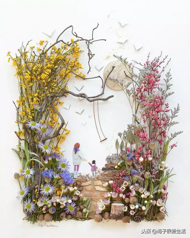 儿童手工树叶贴画，儿童手工树叶贴画图片 一等奖（树叶、树枝、花朵都拿来贴画了）