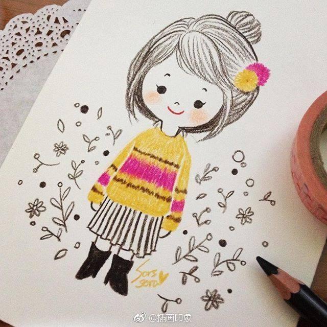 小女孩看书简笔画，简笔画课堂（可爱小女孩彩铅简笔画素材）