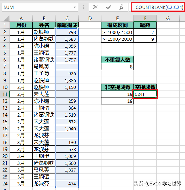excel中怎样统计一列中的非空单元格个数，也能按区间计算、统计唯一值