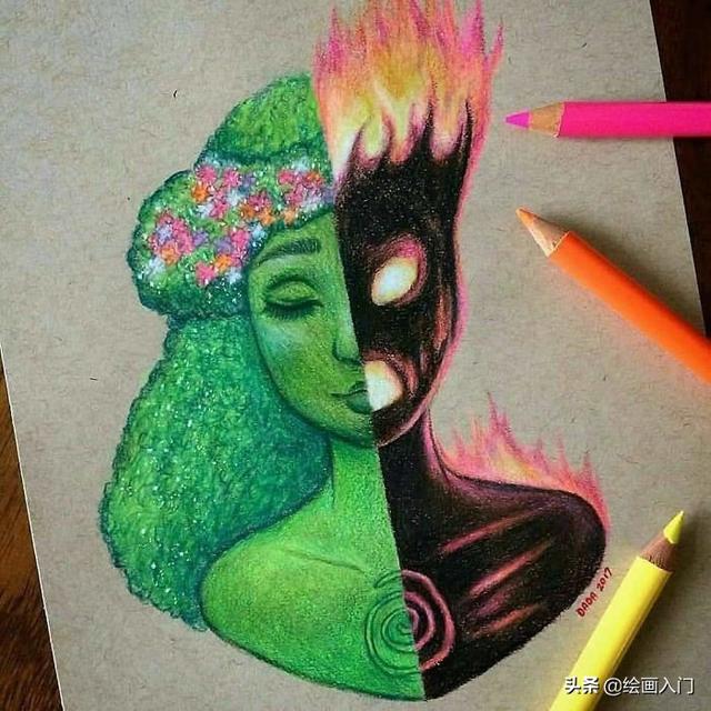 彩铅画动漫人物，卡通人物彩铅画教程（善恶二合一彩铅手绘肖像）