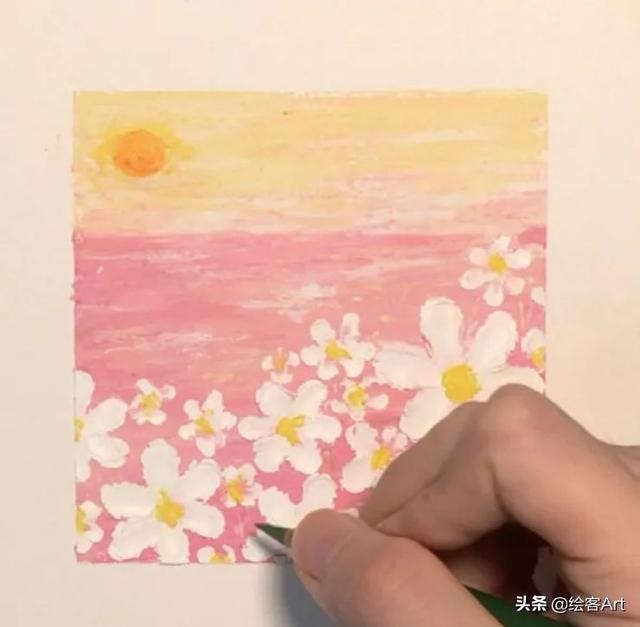 简笔画：油画棒画花朵步骤，简笔画小兔子的画法（0基础也能画出清新浪漫的春日花海图）
