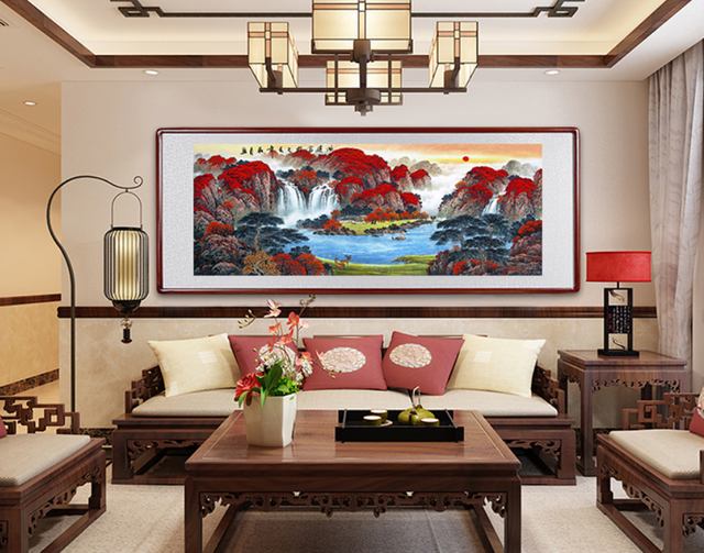 鸿运当头画图片大全，客厅墙画图片（家中挂一幅“鸿运当头”山水画）