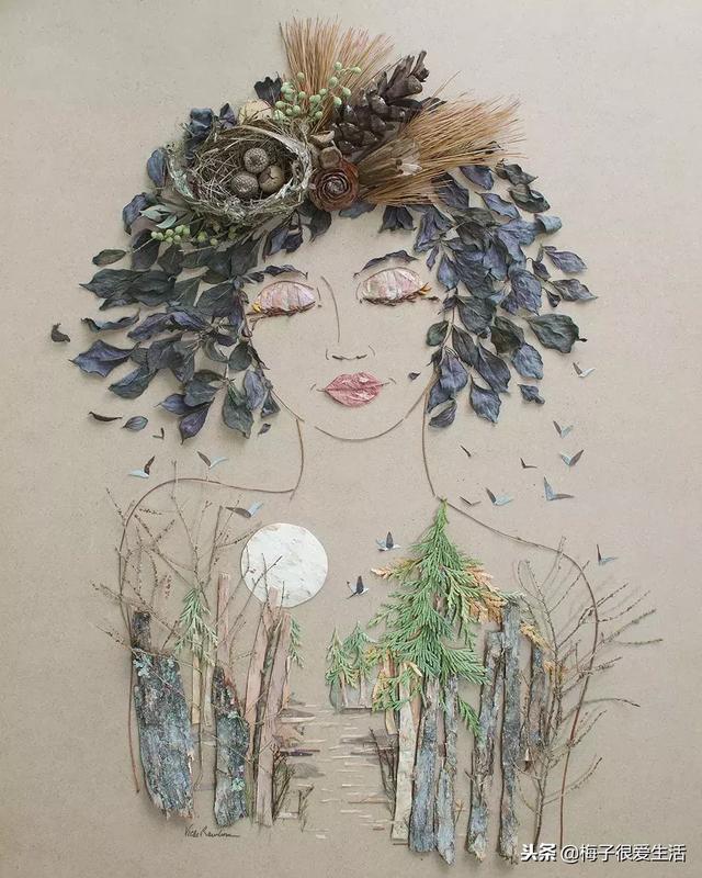 儿童手工树叶贴画，儿童手工树叶贴画图片 一等奖（树叶、树枝、花朵都拿来贴画了）