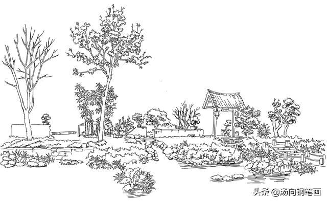 池塘怎么画简单又好看，池塘怎么画简笔画（钢笔画-塘边茅屋）
