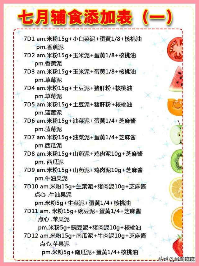 7个月宝宝辅食食谱一天安排表，7个月宝宝一周的辅食表（新手妈妈打印贴冰箱照着做）