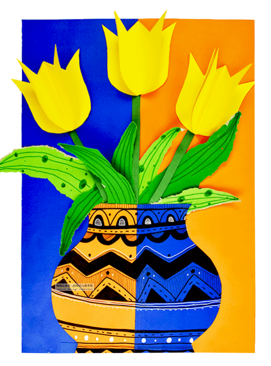 花瓶绘画,儿童画教程对比色块上的线条之美--花瓶中的郁金香 - 玉三网