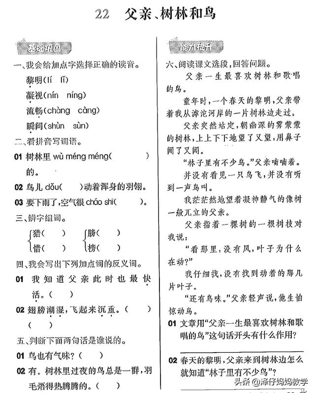 扎可以组什么词，人教版三年级上册语文第七单元总结及课文理解练习值得收藏