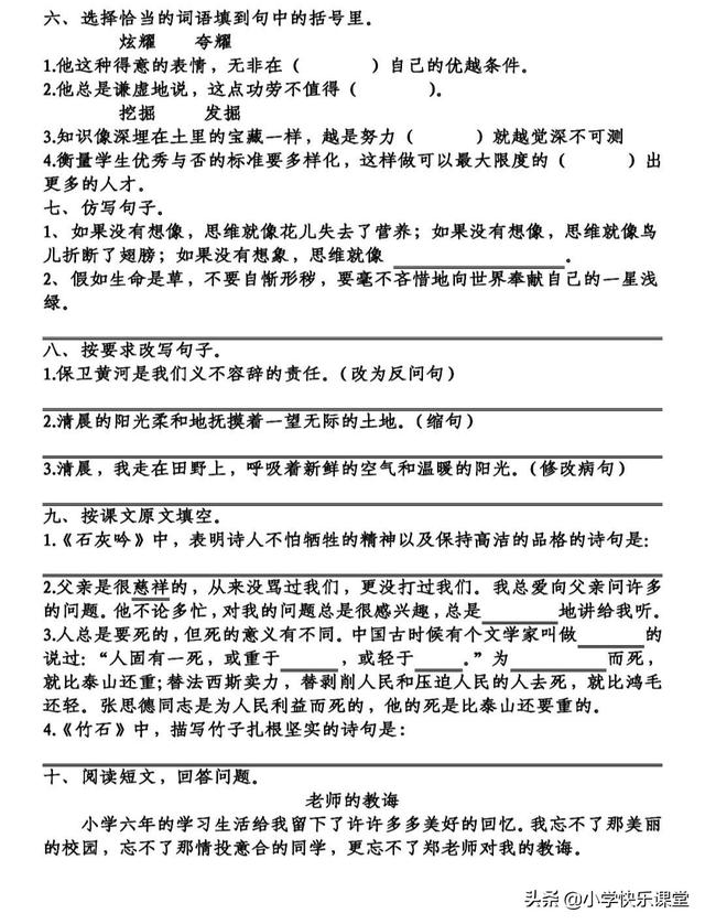 珀组词（颇组词），部编版语文六年级下第1-8单元基础知识复习卷