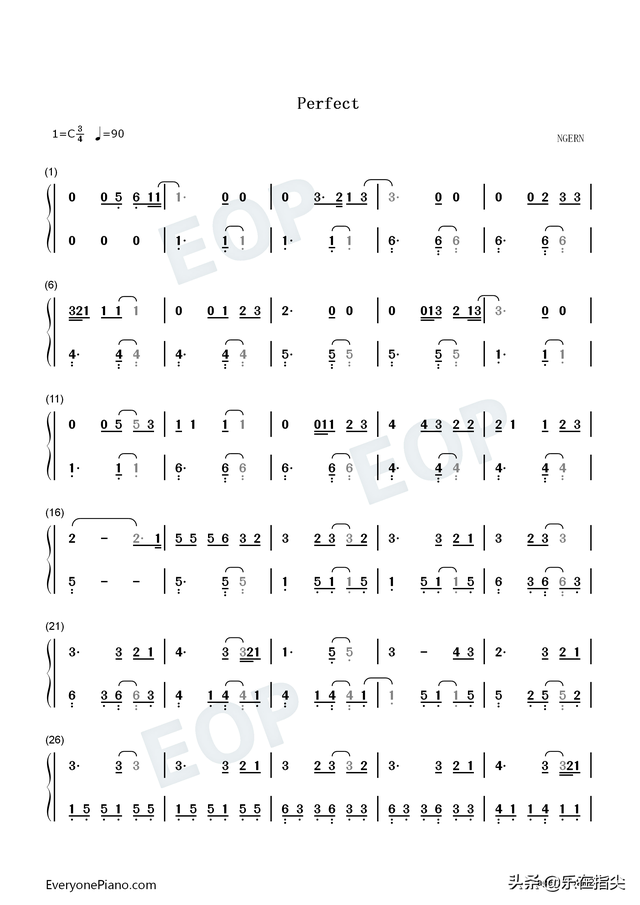 童话钢琴简谱，童话 钢琴数字谱（Perfect-C调简单版-简谱-五线谱-钢琴谱-电子琴谱）