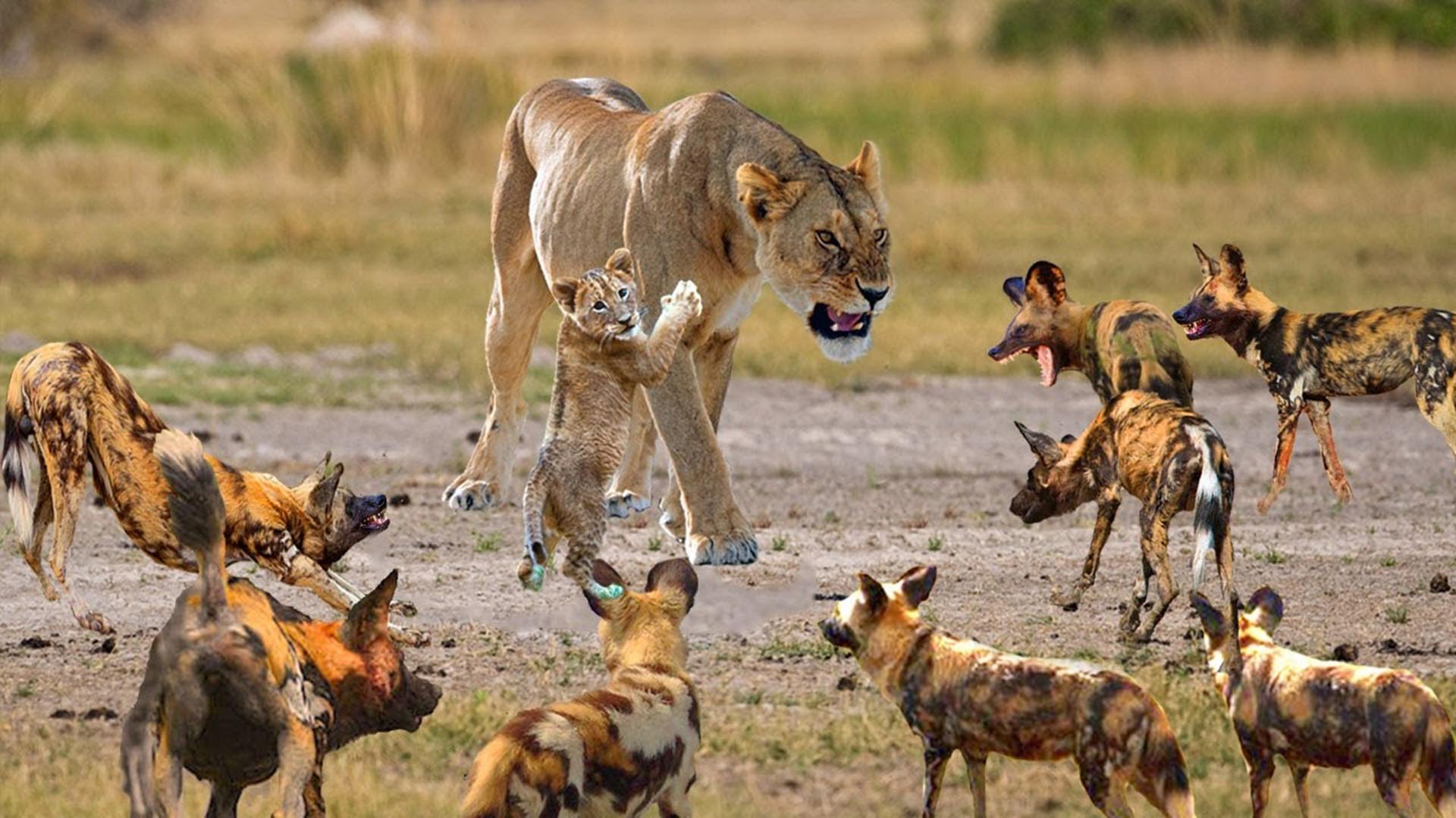 狮狗大战:野狗把狮子妈妈围在中间,狮子临危不惧坐在原地