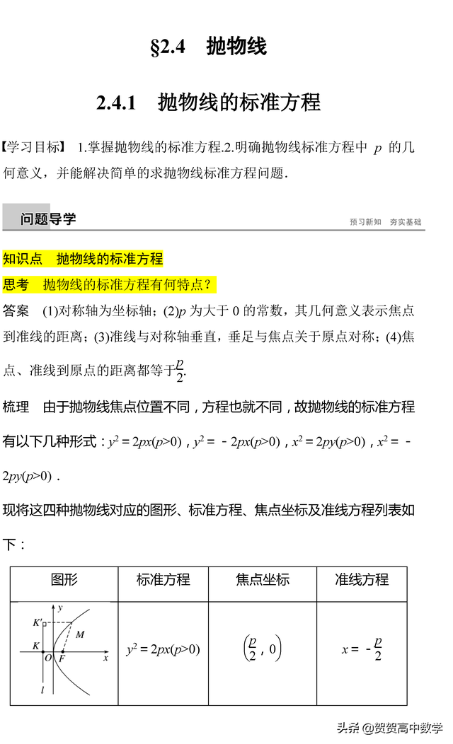 抛物线的参数方程，圆锥曲线：抛物线的标准方程