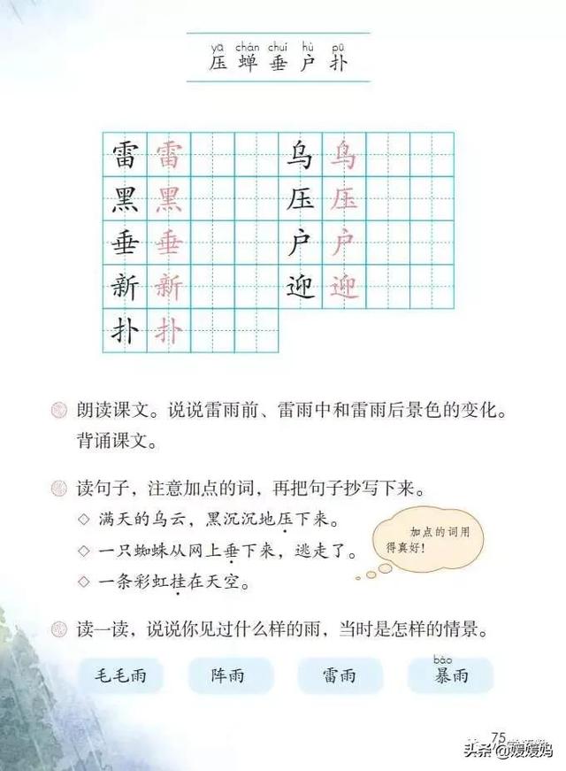 形容闪电的词语，描写闪电的四字词语（二年级下册语文课文16《雷雨》图文详解及同步练习）