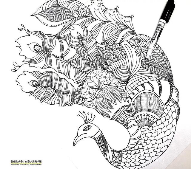 孔雀怎么画，写意孔雀画法步骤（综合创意线描画--这样画孔雀美丽又特别）