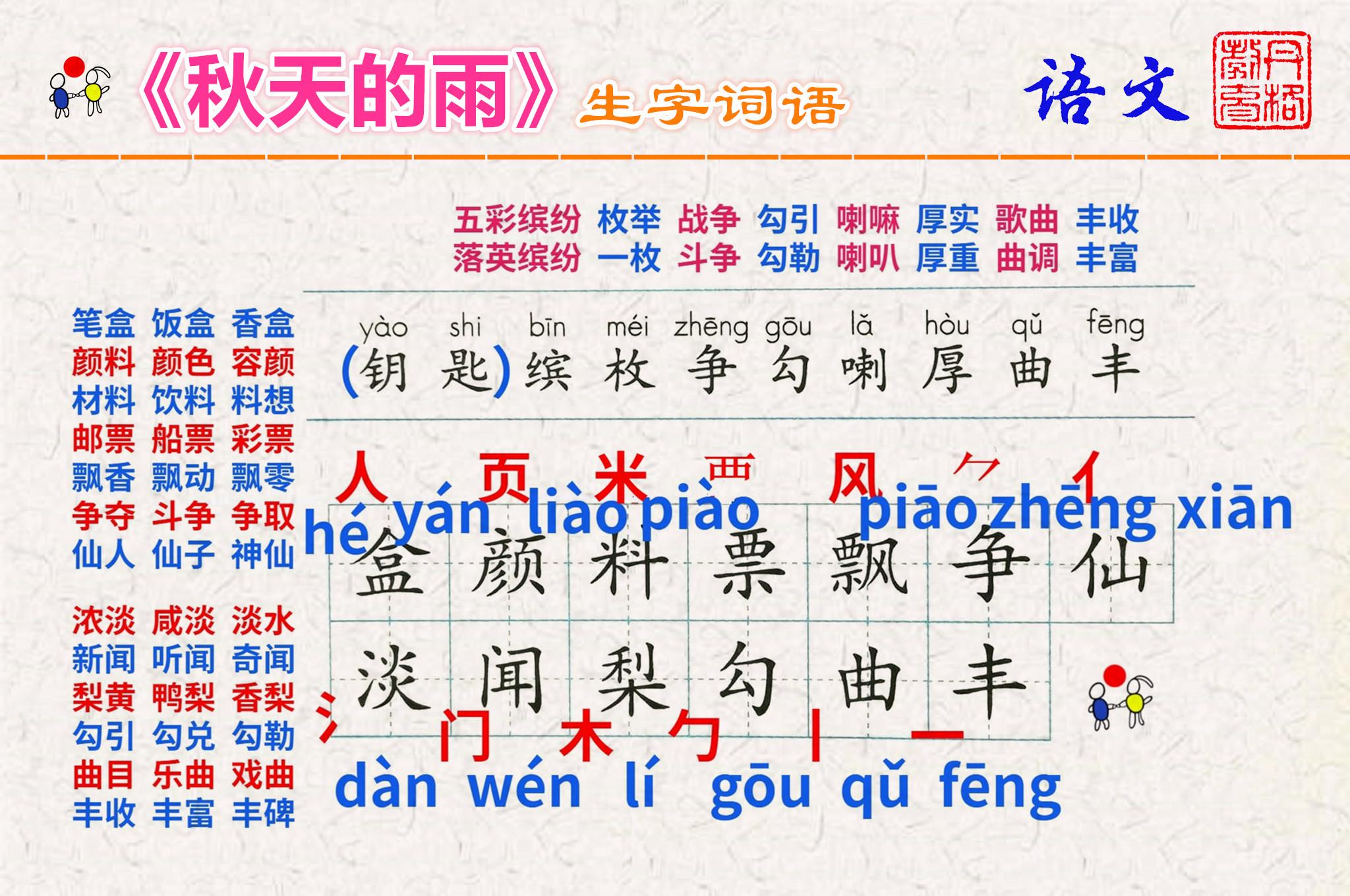 如何给稍组词，稍组词（语文三年级上册第6课《秋天的雨》生字词语预习指导）