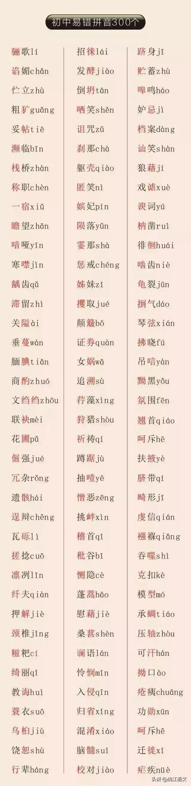 初中易错拼音口诀，7--9年级语文考试易错拼音300个