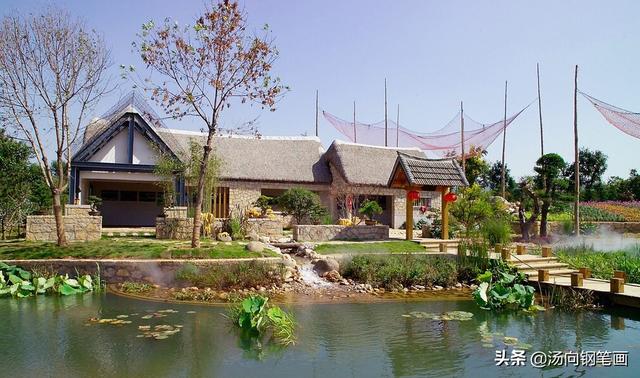 池塘怎么画简单又好看，池塘怎么画简笔画（钢笔画-塘边茅屋）