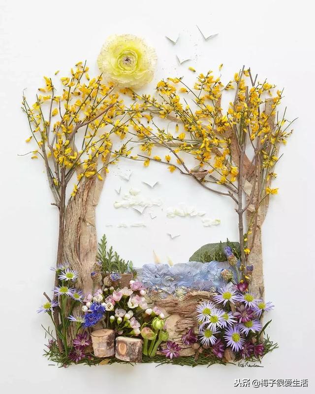 儿童手工树叶贴画，儿童手工树叶贴画图片 一等奖（树叶、树枝、花朵都拿来贴画了）