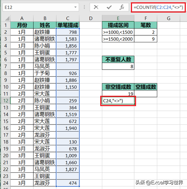 excel中怎样统计一列中的非空单元格个数，也能按区间计算、统计唯一值