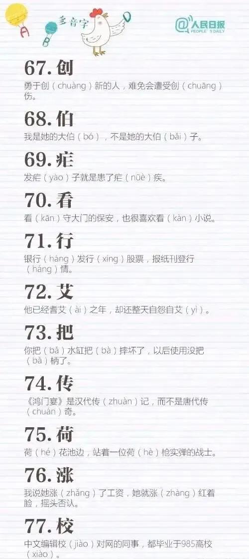 100个常见多音字，100个常见多音字