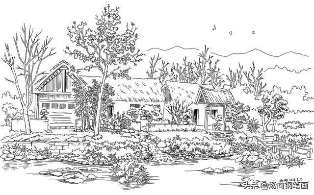 池塘怎么画简单又好看，池塘怎么画简笔画（钢笔画-塘边茅屋）
