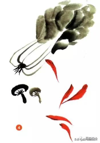 水墨画白菜的画法步骤，写意蔬果入门画法之白菜、辣椒的画法步骤
