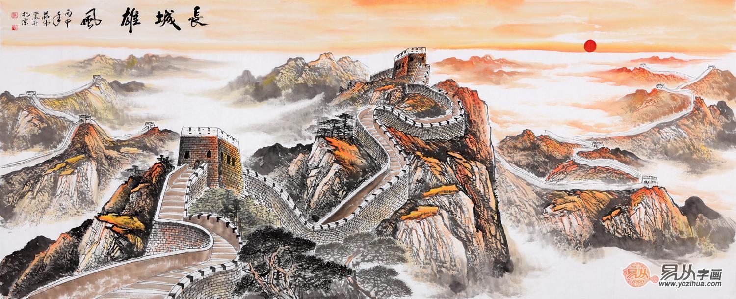 招财有靠山背景图片,名师手绘长城山水画 