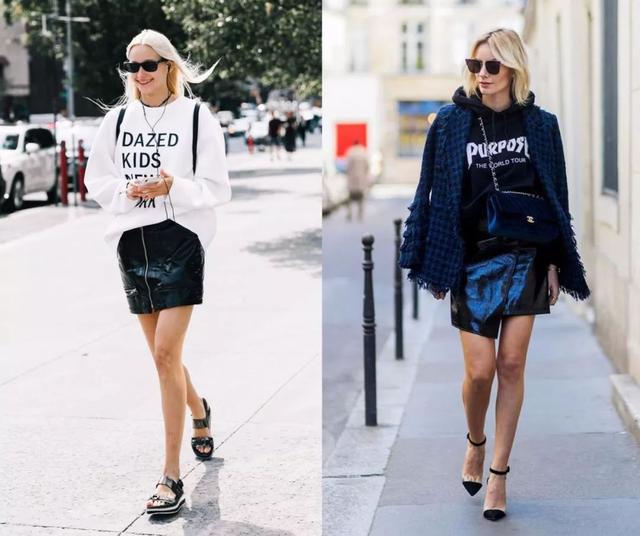 卫衣半裙早秋混搭时髦有女人味，卫衣＋半裙＝时髦又有女人味的早秋穿搭