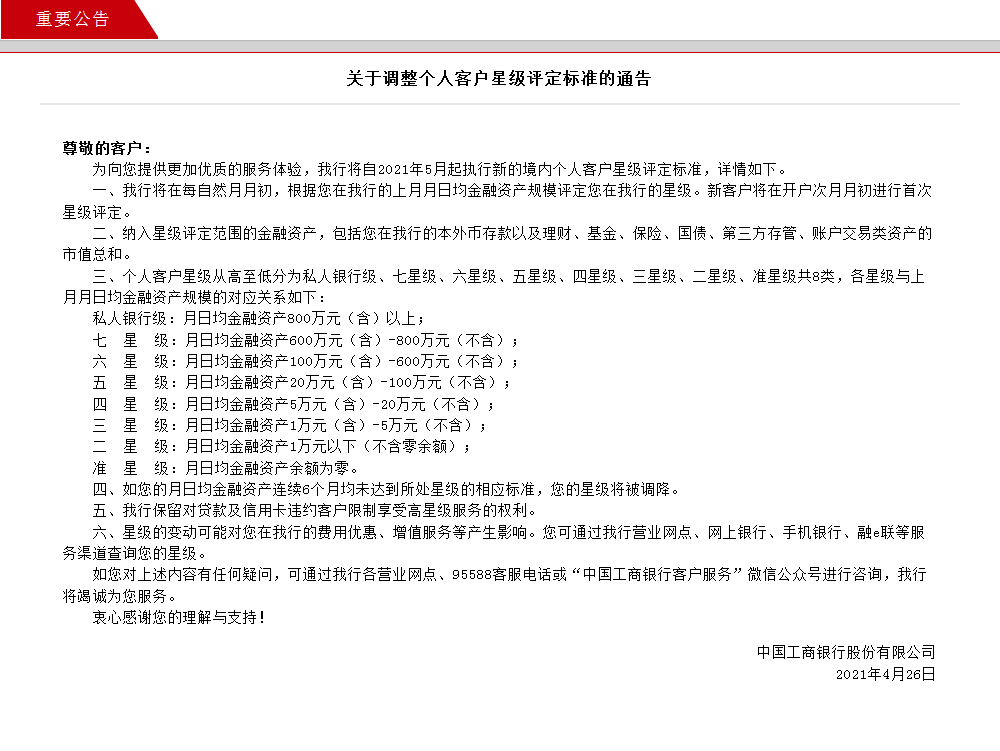 工行星级客户评定标准（个人客户星级评定标准将调整）