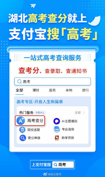 湖北高考分数查询，湖北省高考分数查询（考生可直接在支付宝搜“高考”查分、查录取了）