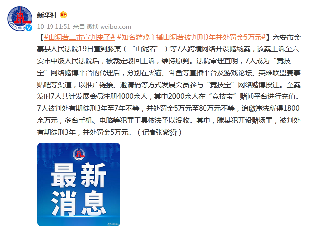 山泥若因为什么被判刑3年，山泥若最终判决（知名游戏主播山泥若被判刑3年并处罚金5万元）